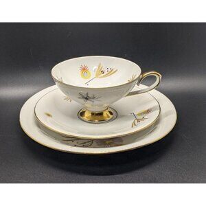 Eberthal Bavaria Teacup Saucer Plate Set White Porcelain Gold Atomic Flower MCM
